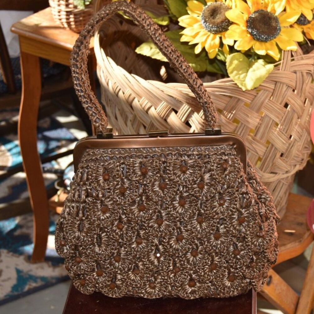 1960s Garay Brown Raffia Crochet Floral Beaded Frame Handbag Purse